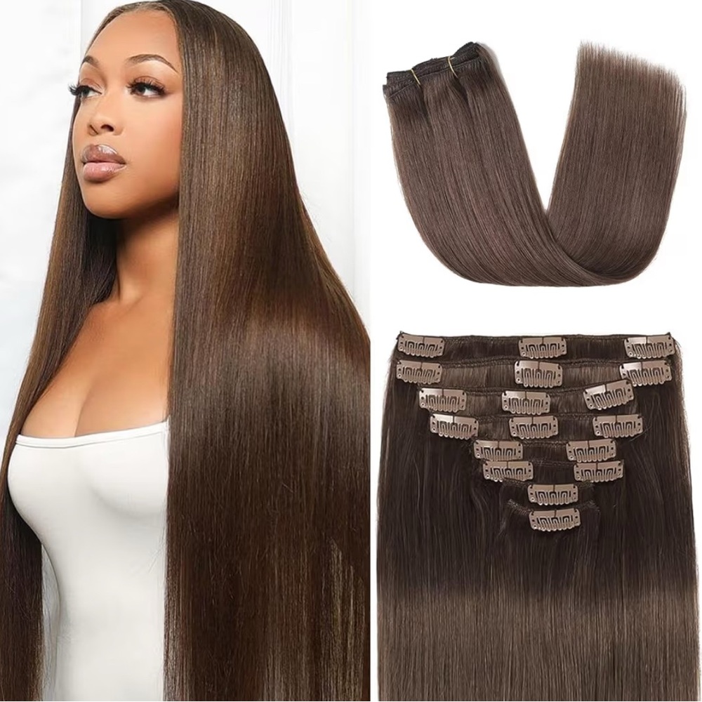 18”Dark Brown Clip-In Hair Extensions 100% Human Hair 8 PCs
